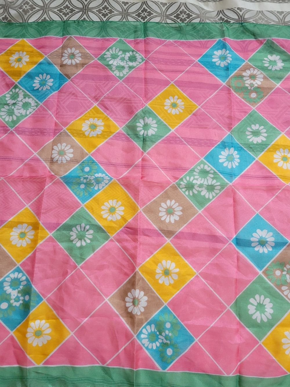 Vintage Floral Diamond-Print Pink Scarf with Multicolor Accents